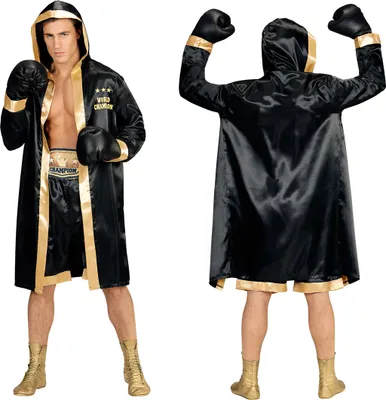 A male model wearing a boxer champion costume, shown from the front and back.