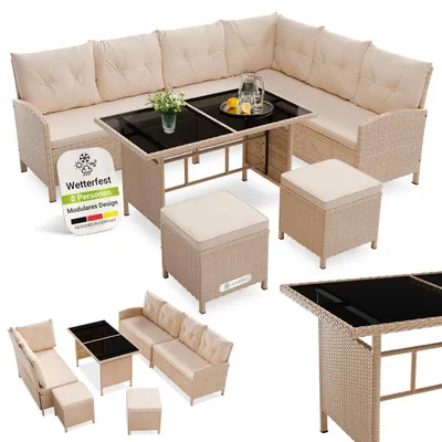 Produktbild von Juskys Polyrattan Lounge Manacor - Sofa, Tisch, Hocker & Kissen - Creme / Sand