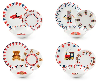 A collage of four different children's dinnerware sets, each featuring a different theme: cars, robots, teddy bears, and trains. Each set includes plates and bowls.