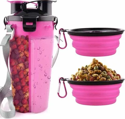 Produktbild von Famanu Trinkflasche und Futterbehälter 2-in-1 mit 2 faltbaren Hundenäpfen - Tragbar und ideal für unterwegs