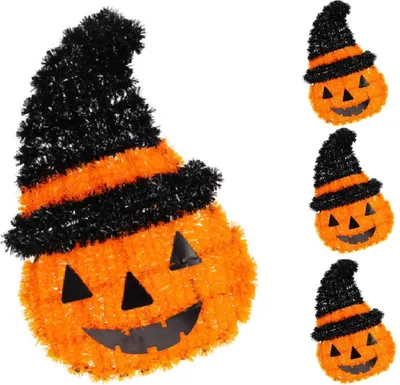 Produktbild von Halloween Deko Figur Kürbis 35 cm – Orange Schwarz – Hängedeko mit Aufhänger – Gruselige Kürbisfigur für Haus, Garten & Party