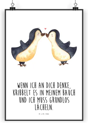 Produktbild von Mr. & Mrs. Panda Bild Pinguine Kuss DIN A3 - Weiß - Geschenk, für Freundin, Frauen, Valentinstag, Wandschmuck, Hochzeitstag, wanddeko, Plakat, Mitbringsel, wandkunst