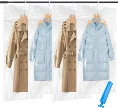 Produktbild von Vakuumbeutel für Kleidung zum Aufhängen – Set mit 4 Stück – Aufhängebare Vakuumbeutel mit Haken und Handpumpe