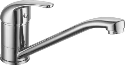 A chrome kitchen faucet on a white background.