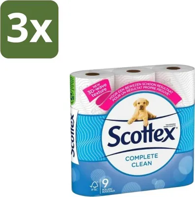 Imagen del producto de Paquete económico Scottex – Papel higiénico – Complete Clean, 2 capas – 9 rollos – 3 unidades