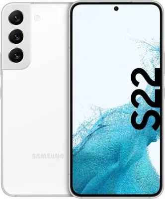 A white Samsung Galaxy S22 smartphone is shown from the back and front.