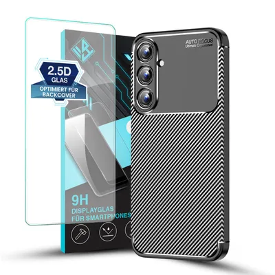 Produktbild von Handy Hülle für Samsung Galaxy A55 5G mit 9H Displayglas Displayschutz Plus Carbon Look Cover Case Schutzhülle Farbe: Schwarz