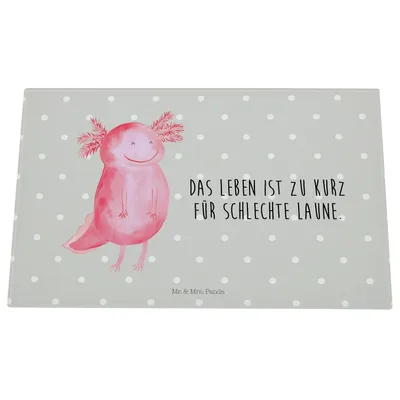 Produktbild von Mr. & Mrs. Panda Glas Schneidbrett Axolotl Glücklich - Grau Pastell - Geschenk, Schwanzlurch, Lurch, Motivationsspruch, schneidunterlage, Lebensfroh, Hackbrett