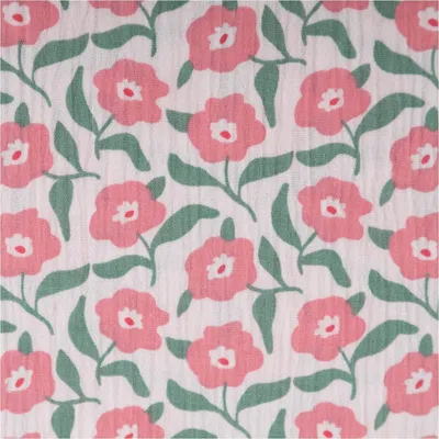 Produktbild von Musselinstoff Meterware Double Storia Blumen rosa grün 1,30m
