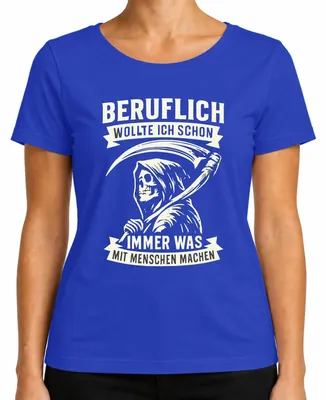Productafbeelding van T-shirt voor dames, blauw, maat S, met een ontwerp met een humoristische en gothic afbeelding van de dood