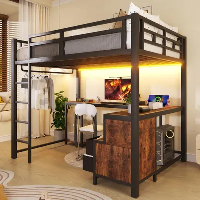 Produktbild von Metall-Hochbett mit LED-Beleuchtung, USB-Ladestation, Schreibtisch, Ablagefächern & linker Leiter, Schwarz, 140x200cm