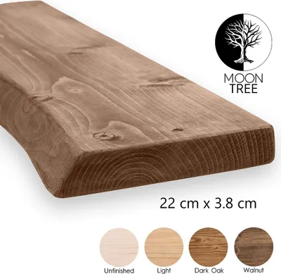 A close-up of a wooden shelf with a natural edge, showing the wood grain and texture. Several color swatches are displayed at the bottom, representing different finishes.
