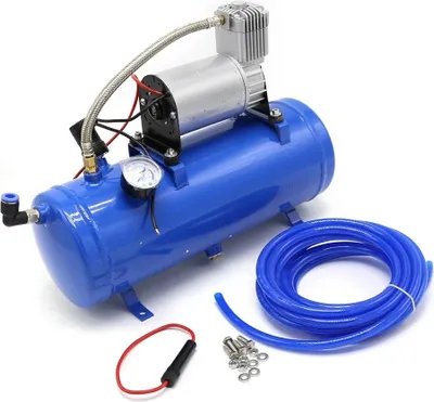 Immagine prodotto di Sistema di compressori d'aria, DC 12V 150 psi, serbatoio universale da 6 L per kit tromba d'aria da traino, blu