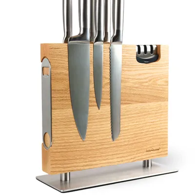 Produktbild von holz4home® Messerblock magnetisch aus Eichenholz I Messerbrett Messerhalter mit Fuß aus Edelstahl I inkl. Messerschärfer I Messerleiste Doppelseitiger
