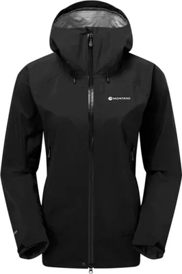 Schwarze Hardshelljacke für Damen; Modell "WOMEN"S PHASE XT JACKET" von Montane; mit Kapuze und Reißverschluss.