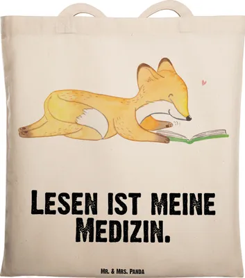 Produktbild von Mr. & Mrs. Panda Stoffbeutel Fuchs Lesen - Transparent - Geschenk, Tasche, Schultasche, Bücher, Laptoptasche, Bücherwurm, Shopping, canvas, Tote Bag