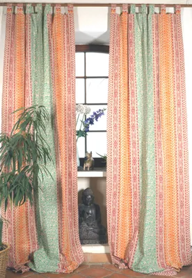 Produktbild von Boho Vorhänge, überlange Gardine (1 Paar ) mit Schlaufen, Handbedruckter Ethno Style Vorhang - Rosa/grün, Creme-weiß, Baumwolle, 250*100*0,2 cm, Dekovorhänge