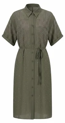 Produktbild von Damen Maxi-Kleid Grün Größe L mit glänzendem Muster, Kurzarm, Kragen, Knopfleiste, Strass und Gürtel