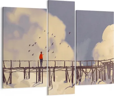Produktbild von Bild auf Leinwand - Leinwandbild - Wolken Brücke Vögel Landschaft - 95x80cm - Wand Bild - Wanddeko - Leinwanddruck - Bilder - Kunstdruck - Wanddekoration - Leinwand bilder - Wandkunst - CB95x80-3200