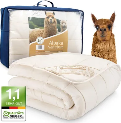 A collage of an alpaca duvet, its packaging, and a close-up of an alpaca.