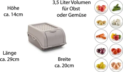 A product image showing a gray storage box with dimensions and various fruits and vegetables in circular frames.