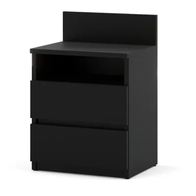 A black bedside table with two drawers and an open shelf.