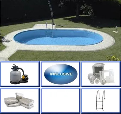 Produktbild von Stahlwandpool Set (10-teilig) tief oval Formentera 525x320x150 cm, Stahl 0,8mm weiß Folie 0,6mm blau