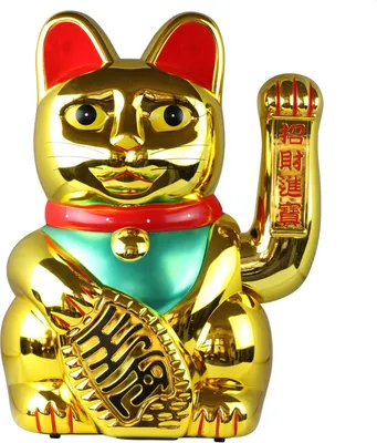 A golden Maneki-neko (waving cat) figurine.