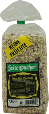 A bag of muesli with a label and a yellow sticker.