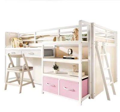 Imagen del producto de Cama alta con escritorio - Estructura de metal - 90 x 200 cm - Espacio de almacenamiento con cajones para ropa - Cortina y estantería - Blanco