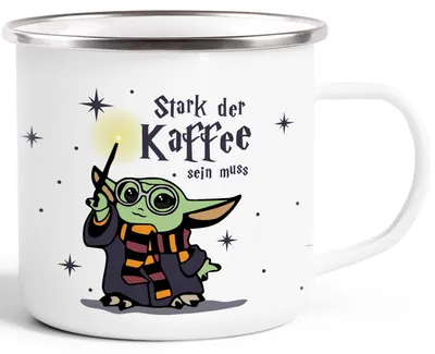 Produktbild von Emaille-Tasse Baby-Yoda Spruch lustig Stark der Kaffee sein muss Geschenk Kaffeeliebhaber Bürotasse Moonworks® emaille-weiß-silber standard