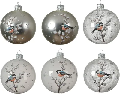 Produktbild von Weihnachtskugeln Glas 8cm Vogelmotiv mundgeblasen 6er Set Weiß