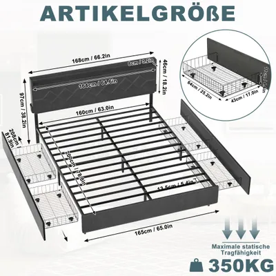 Produktbild von YARDIN Stabiler Bettrahmen 160x200cm Dunkelgrau, gepolstertes Veloursbett mit ausziehbaren Aufbewahrungsschubladen