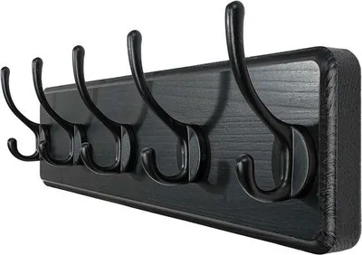 Produktbild von Hängeschnur, 5-Haken-Haken, Wandmontierte Holzhaken, Wandhaken, Wandhaken mit Hakenliste, Mantelhaken, schwarz