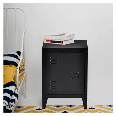 Produktbild von Nachttisch Inari Nachtschrank 2er Set Schwarz mit einer Schranktür und Türgriff links, Metall, Nachtkommode 57 x 40 x 30 cm