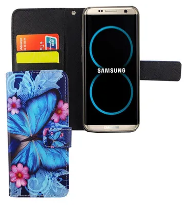 A flip-style phone case with a butterfly design is shown open, revealing a smartphone inside.