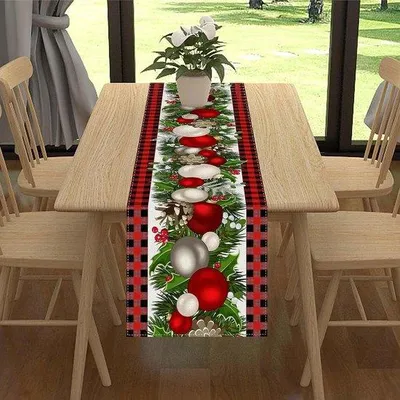 Image de Nappe de Noël, décoration de Noël, chemin de table d'hiver, 33 x 183 cm, tissu à carreaux rouge et noir, motif de baies