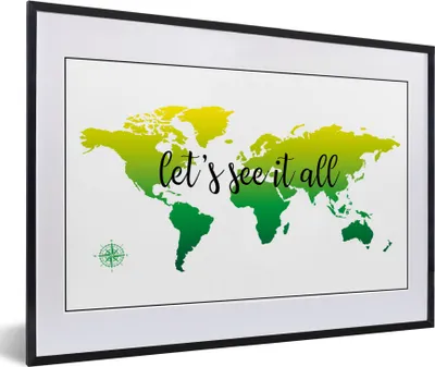 Produktbild von MuchoWow® MuchoWow® Gerahmtes Poster Weltkarte - Grün - Kompass 60x40 cm - Poster mit zchwarzem Bilderrahmen - Schlafzimmer - Plakat in Rahmen - Drucken