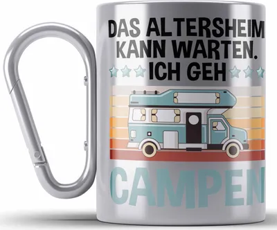 Produktbild von Trendation - Wohnwagen Camper Edelstahl Tasse Karabiner Geschenke Wohnmobil für Männer Campingwagen Geschenkidee Zubehör Camping Opa Oma Rentner Lustig Grafik Altersheim kann warten (Silber)
