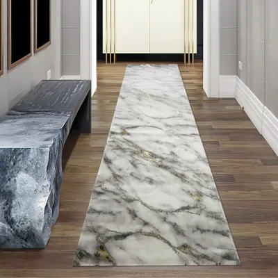 Obrázek produktu pro Koberec do obývacího pokoje Koberec mramorový vzhled v krémově šedozlaté barvě Velikost - 80 x 300 cm
