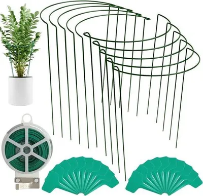 Produktbild von Famanu Pflanzenstützen 35 cm - Metall Pflanzenstützring - 10 Stück - 50 m Bindedraht - 20 Etiketten - für Pfingstrosen und Hortensien - Innen und