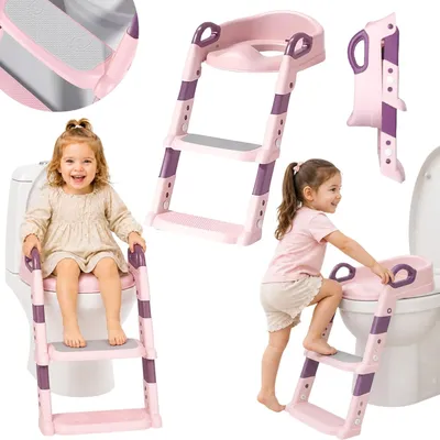 Produktbild von Toilettensitz Kinder mit Treppe rosa leicht stabil klappbar mit ergonomischer Rückenlehne für tägliches Training