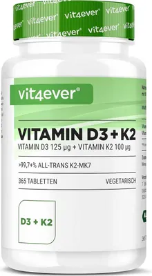 Immagine prodotto di Vit4ever Vitamina D3 5000 I.E. 125 µg + K2 100 µg 365 Compresse