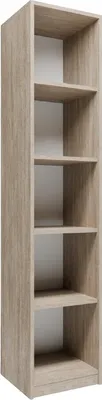 A tall, narrow, open bookshelf with five shelves, made of wood-like material.