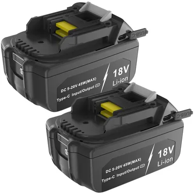 Image de 2 batteries 18V 6Ah compatibles avec les modèles Makita BL1850B, BL1830B, BL1840B, BL1860B, BL1815, BL1825, LXT400, dotées d'une fonction bidirectionnelle USB-C (batterie externe/chargeur)