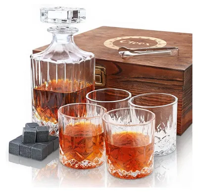 Zdjęcie produktu dla Zestaw karafek do whisky Cieex z 4 szklankami do whisky i 12 kamieniami - pudełko upominkowe dla mężczyzn