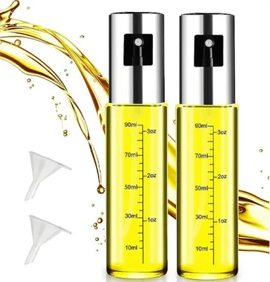 Produktbild von 2 Stück Ölsprühflasche - 100ml - mit 2 Trichtern - Edelstahl - transparent olivenöl spender - ölflaschen für Küche, Grill, Pasta, Salate, Backen