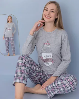 Produktbild von Damen Pyjama Schlafanzug Hellgrau XXL Lang Warm 2-Teiler Set C-62
