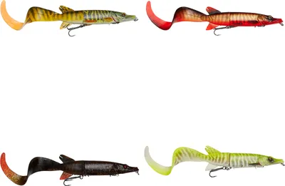 Four fishing lures shaped like pike, displayed against a white background.