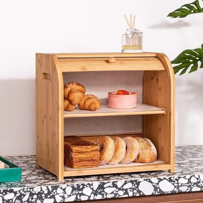 Produktbild von Brotbehälter aus Bambus für die Küchenarbeitsplatte: 2 Schichten großes Fassungsvermögen Brotvorrat in rustikalem Bauernhaus-Stil mit flexibler Schiebetür
